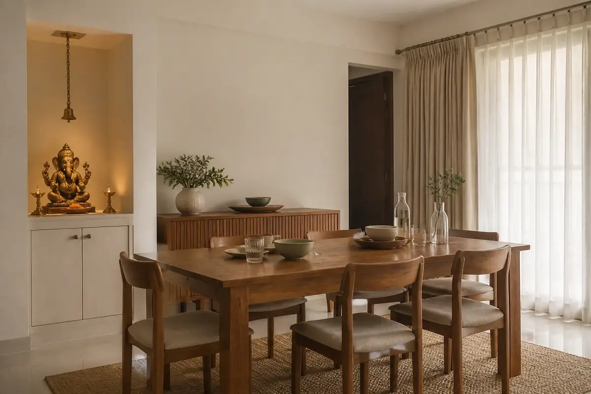 Teak dining room with a compact pooja niche